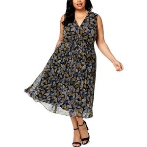 Anne Klein Abstract Leaf-Print Sleeveless V-Neck Midi Dress 18W
